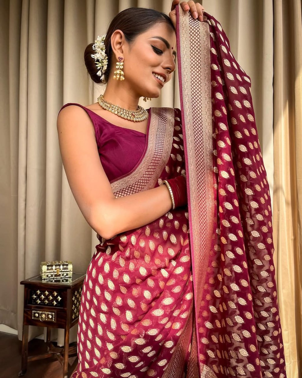 Maroon Banarasi Silk Saree with Golden Zari Weave and Contrast Blouse
