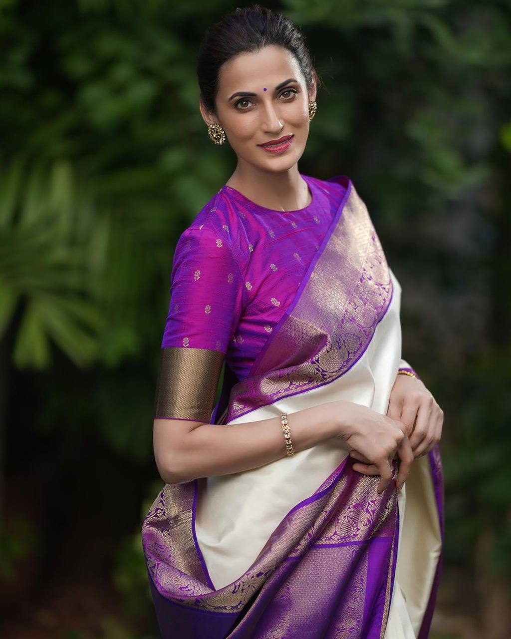 Elegant Off White Silk Saree with Purple Zari Border and Blouse