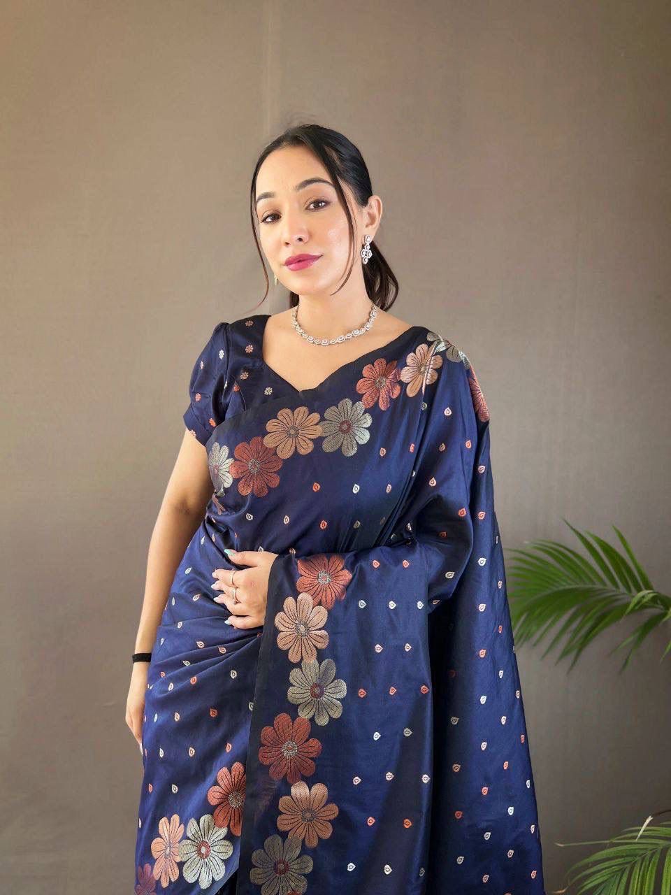 Navy Blue Embroidered Floral Saree with Sequin Detailing