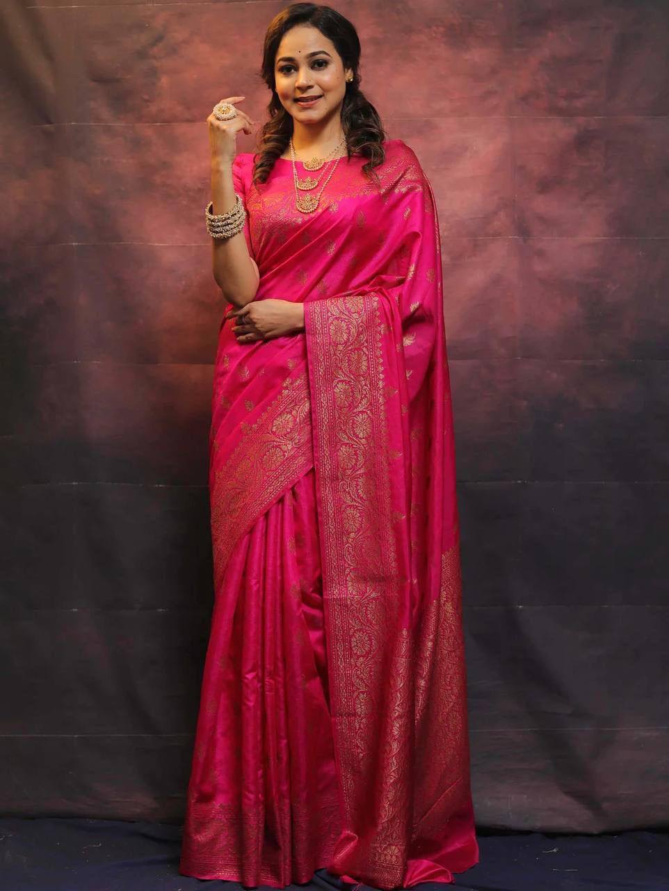 Vibrant Pink Banarasi Silk Saree with Gold Zari Work