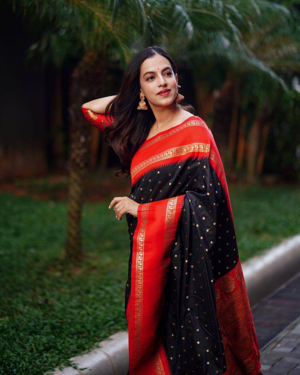 Black Silk Saree with Red Border and Golden Embroidery