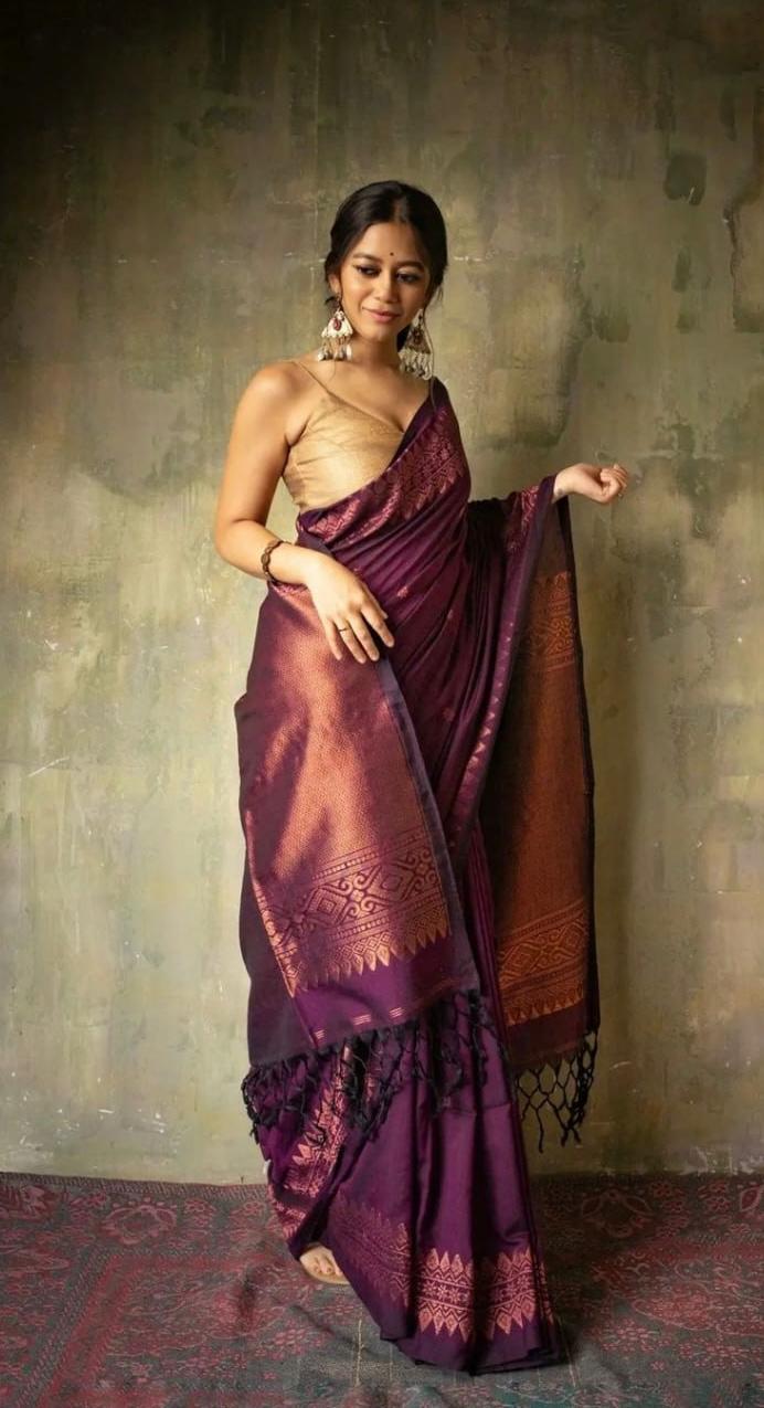 Purple Kanchipuram Silk Saree with Copper Zari Border