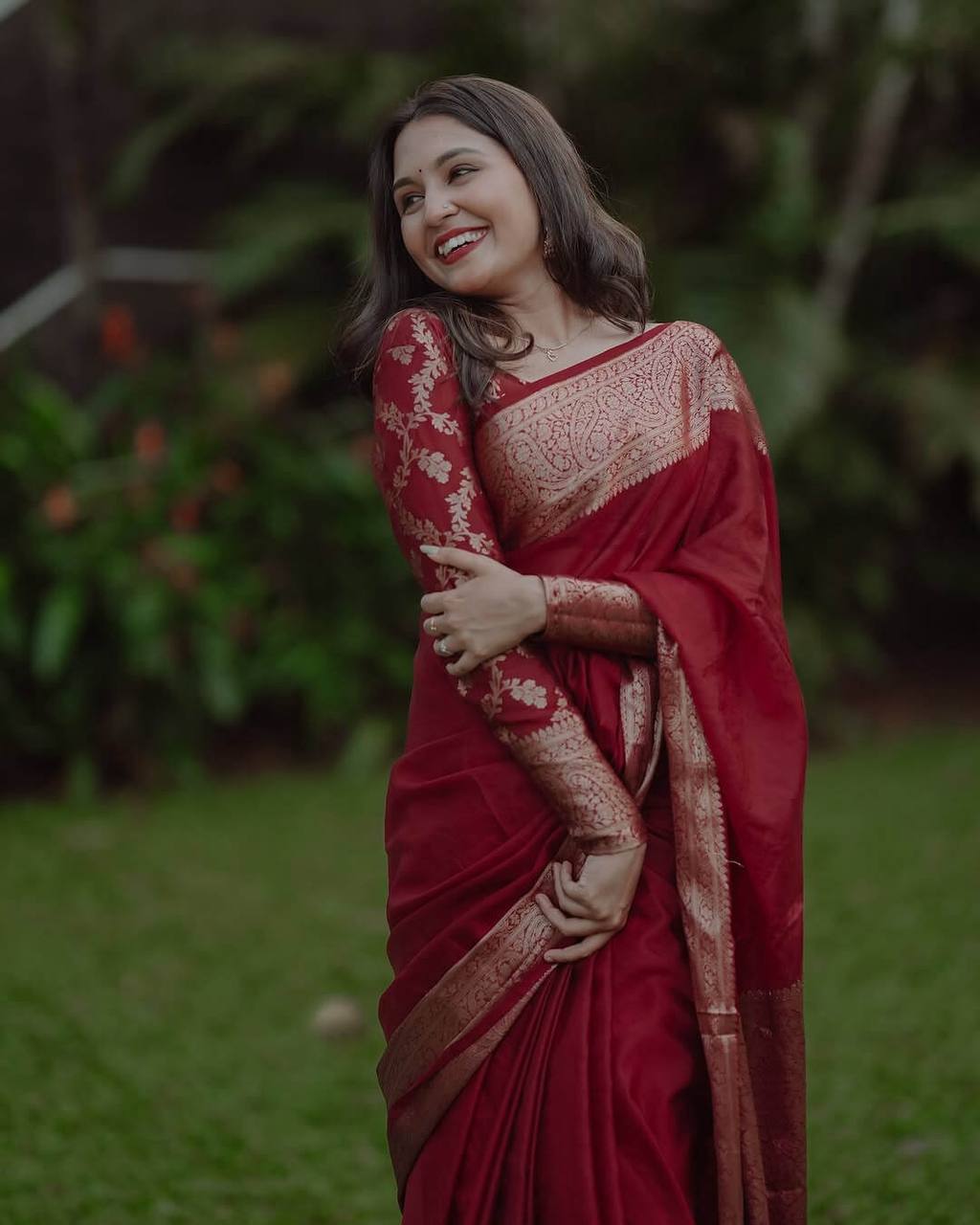 Elegant Red Banarasi Silk Saree with Golden Zari Border