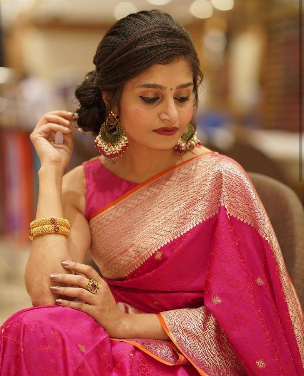 Pink Silk Saree with Golden Zari Border and Buti Work