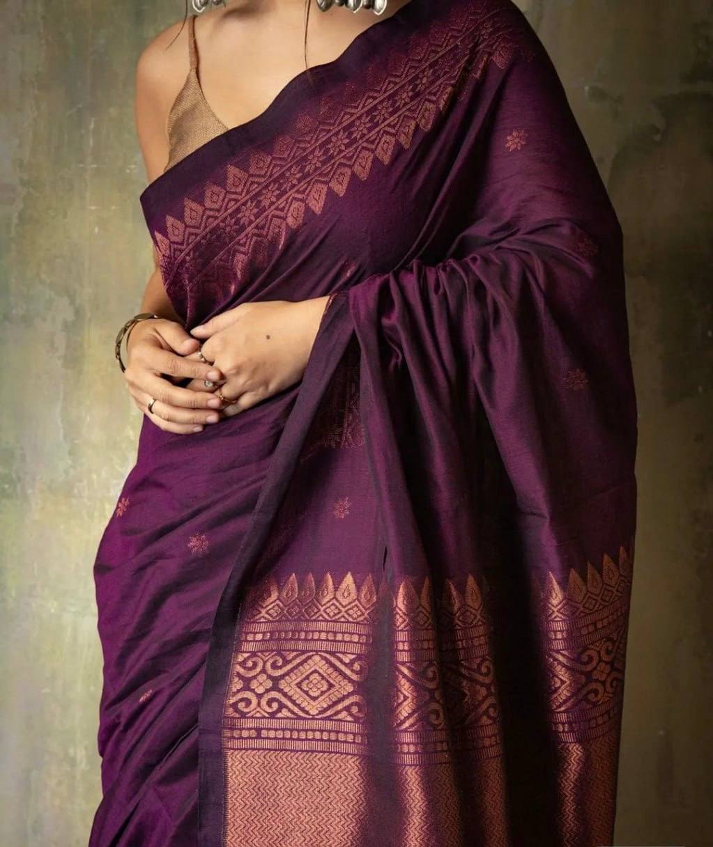 Deep Purple Silk Saree with Rose Gold Zari Border