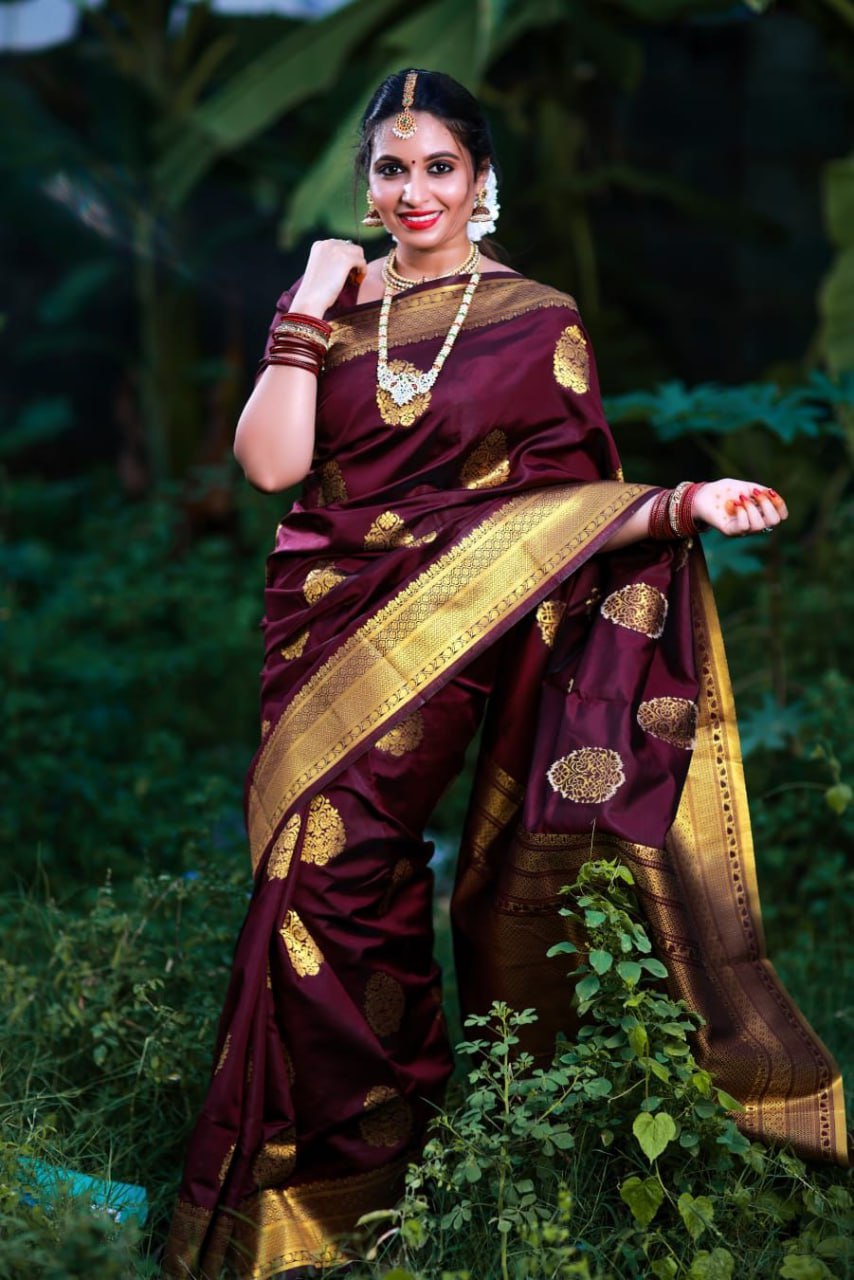 Traditional Maroon Silk Saree with Golden Zari Border and Motifs