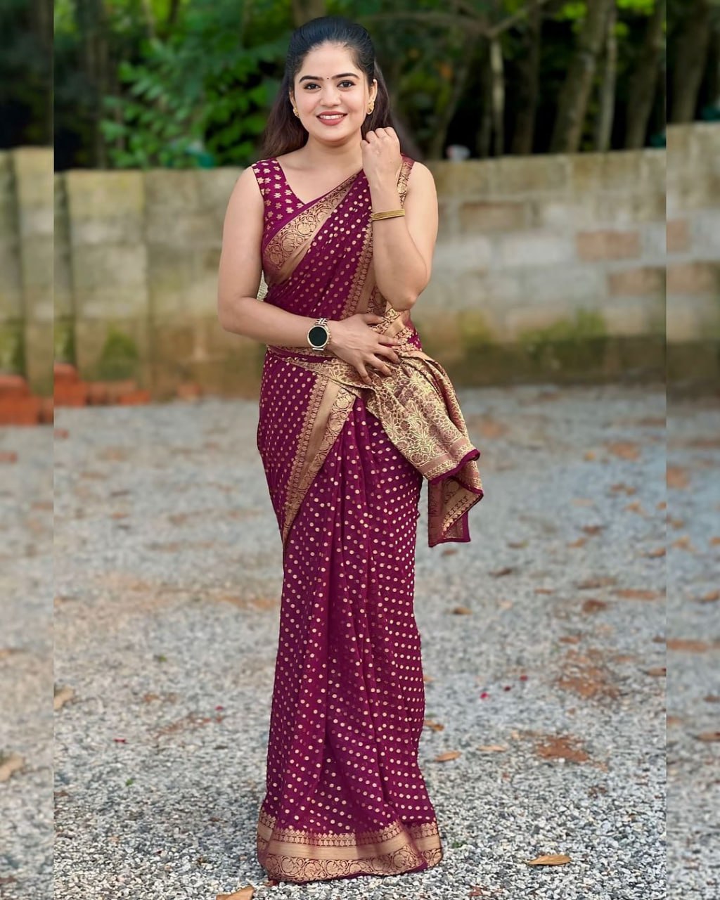 Maroon Banarasi Silk Saree with Golden Polka Dots and Zari Border