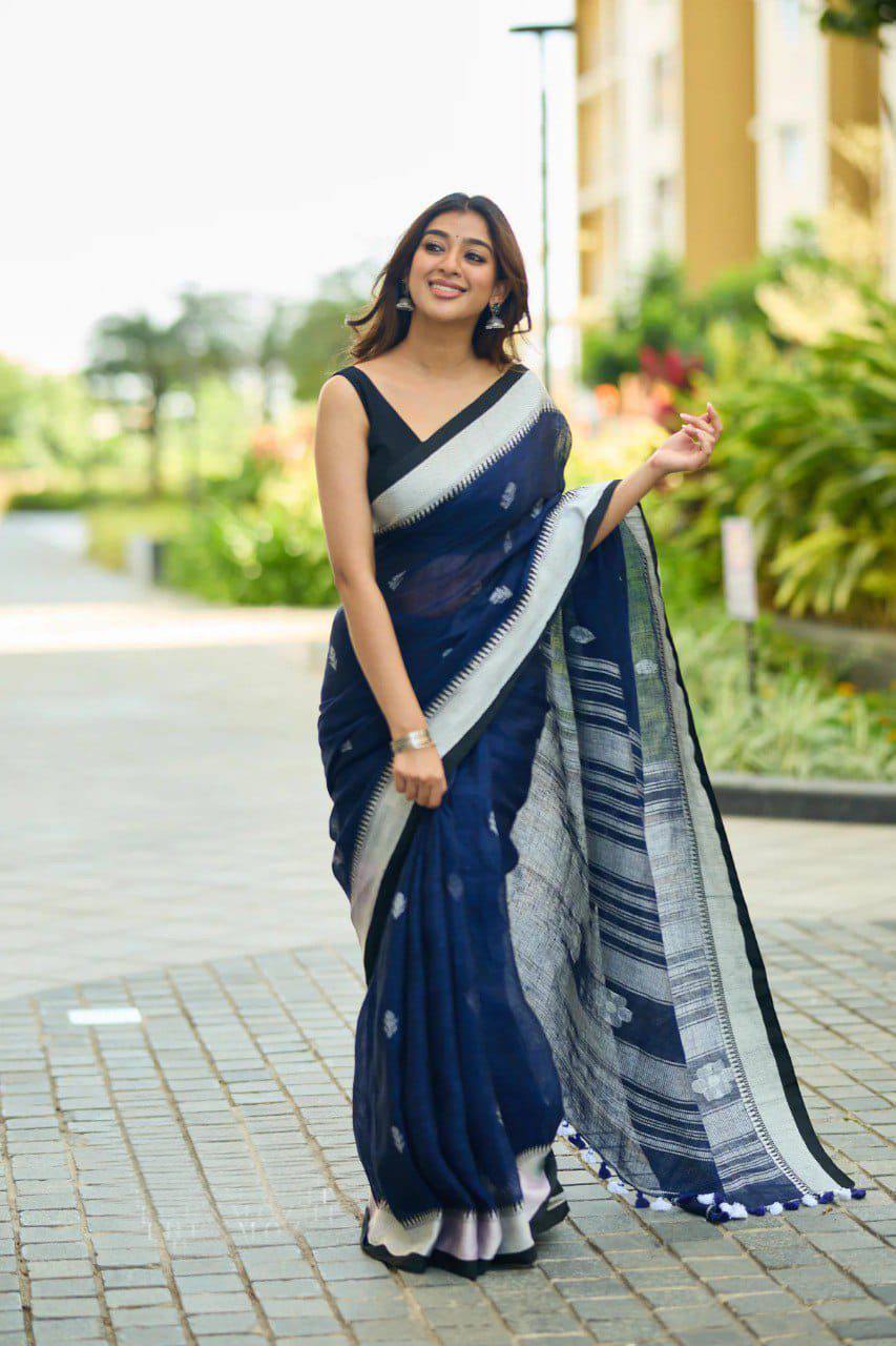Navy Blue Handloom Saree with Silver Border and Contrast Black Blouse