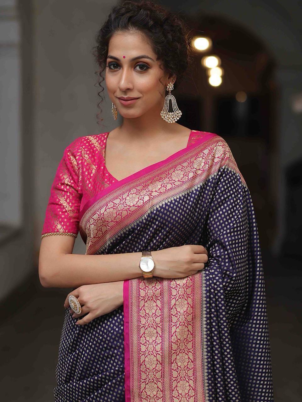 Black Banarasi Silk Saree with Pink Zari Border