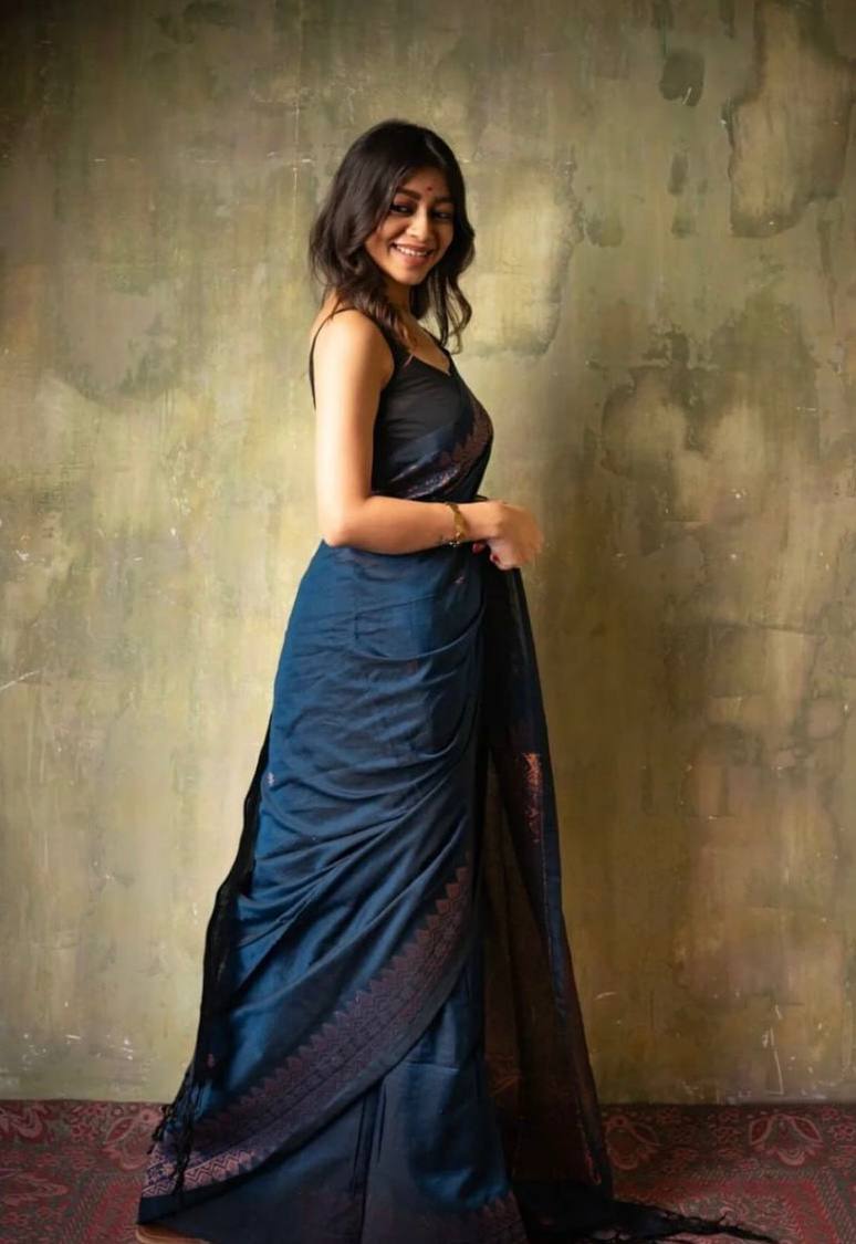 Navy Blue Embroidered Saree with Traditional Border