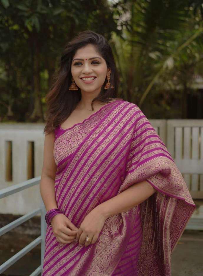 Purple Banarasi Silk Saree with Golden Zari Stripes