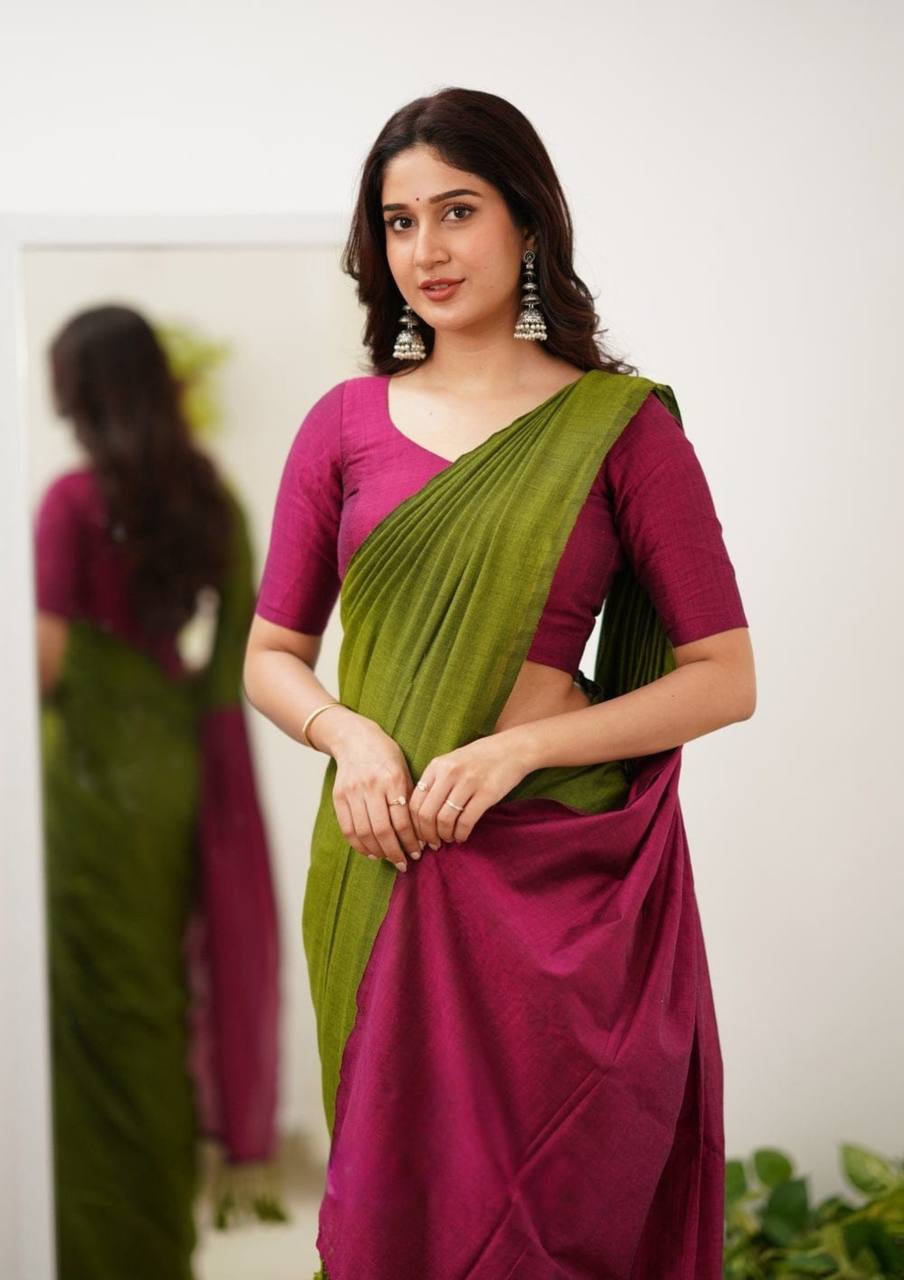 Elegant Olive Green Saree with Magenta Border and Blouse