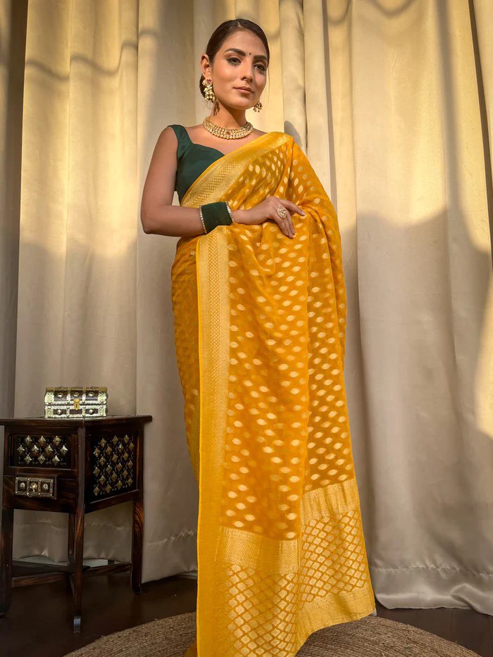 Yellow Banarasi Silk Saree with Green Blouse