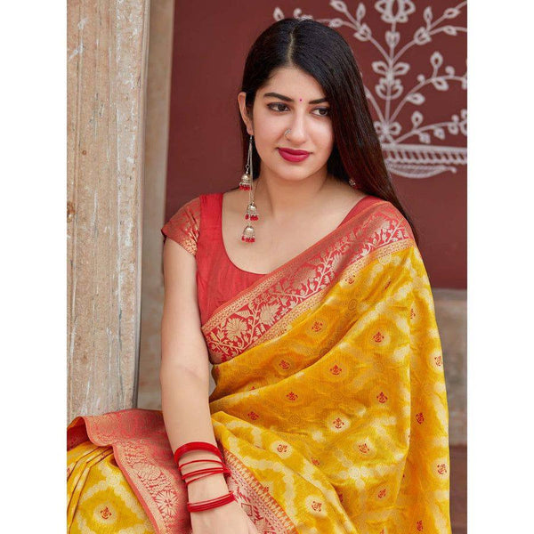 Yellow Banarasi Silk Saree with Red Border and Unstitched Blouse