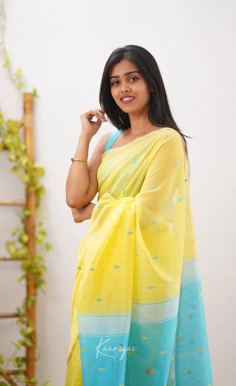 Yellow Linen Saree with Blue Border and Buttas