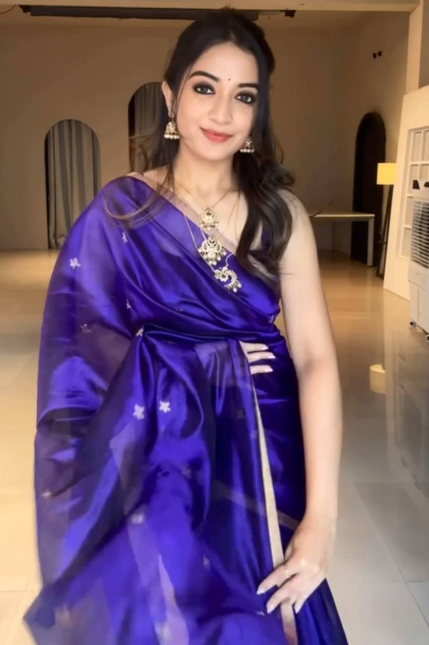 Royal Blue Silk Saree with Golden Border and Embroidered Blouse