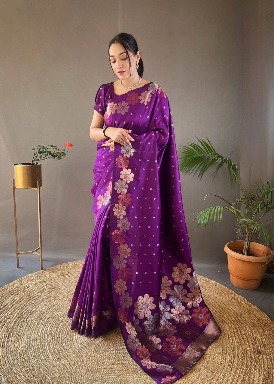 Purple Silk Saree with Floral Weaving and Golden Booti Work