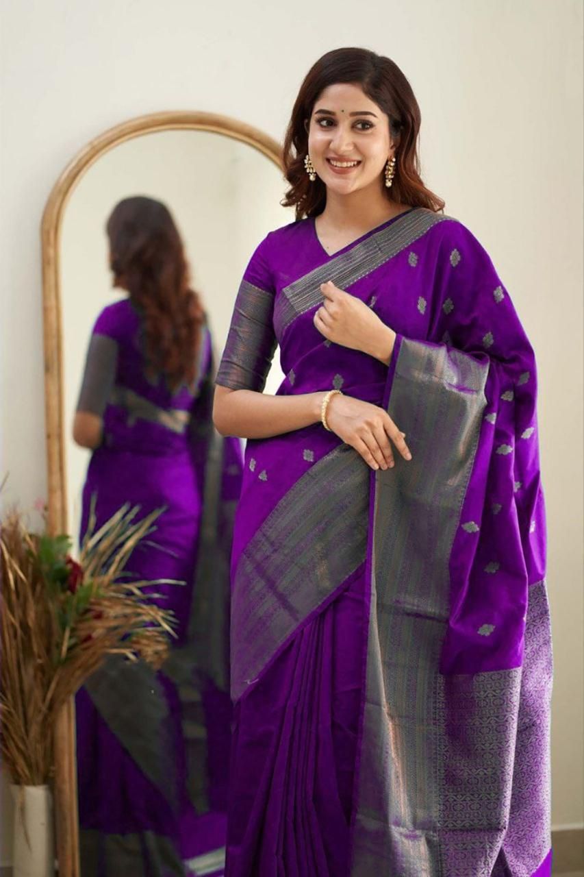 Purple Chanderi Silk Saree with Silver Zari Border and Buti Work