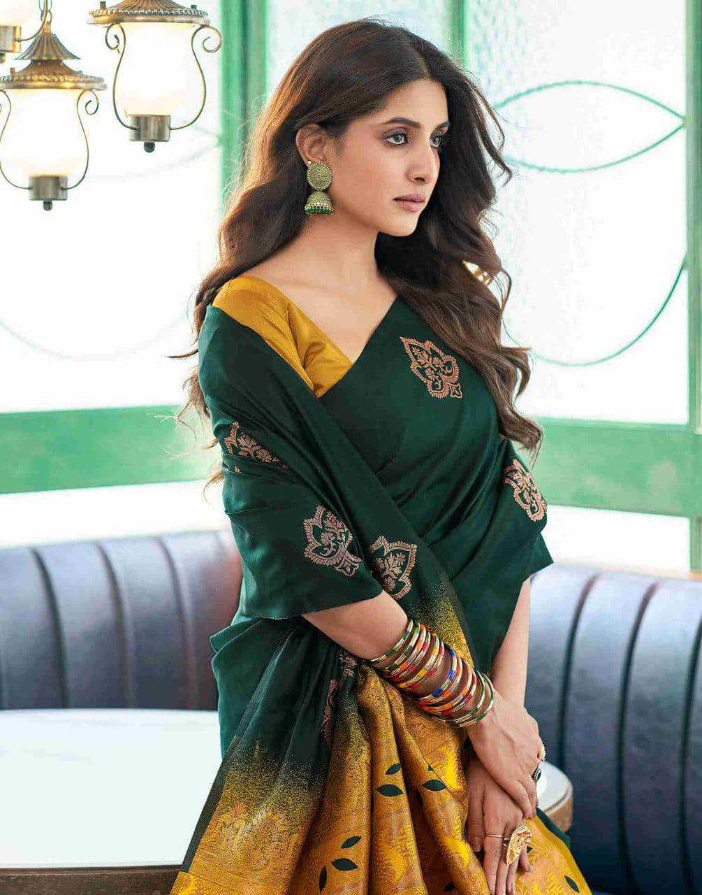 Dark Green Embroidered Silk Saree with Mustard Brocade Border and Embellished Blouse