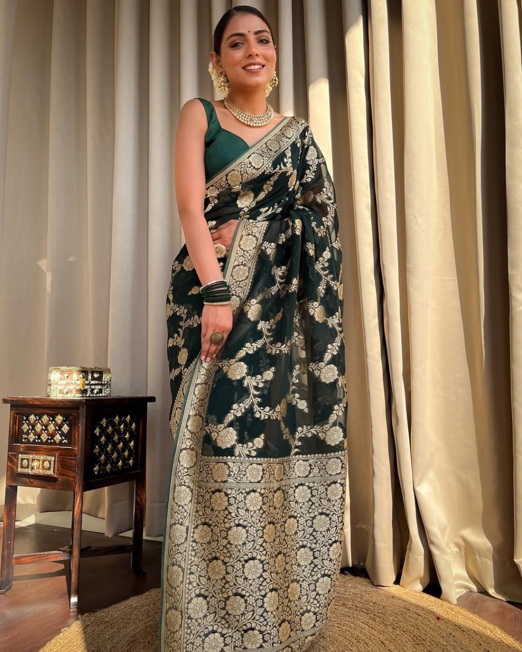 Black and Gold Banarasi Silk Saree with Floral Zari Work