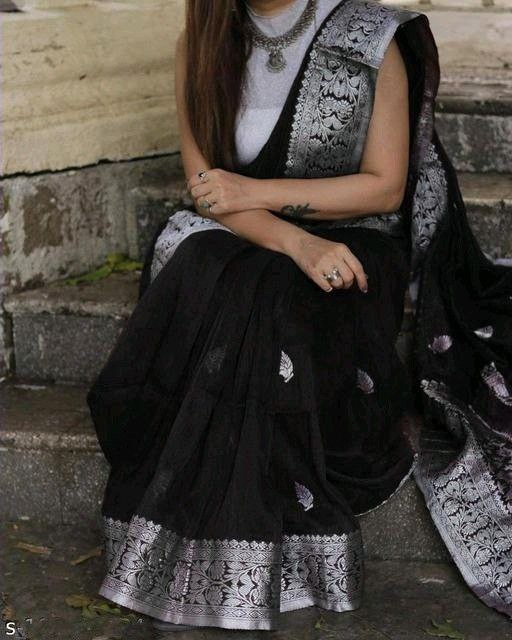 Black Banarasi Silk Saree with Silver Zari Border