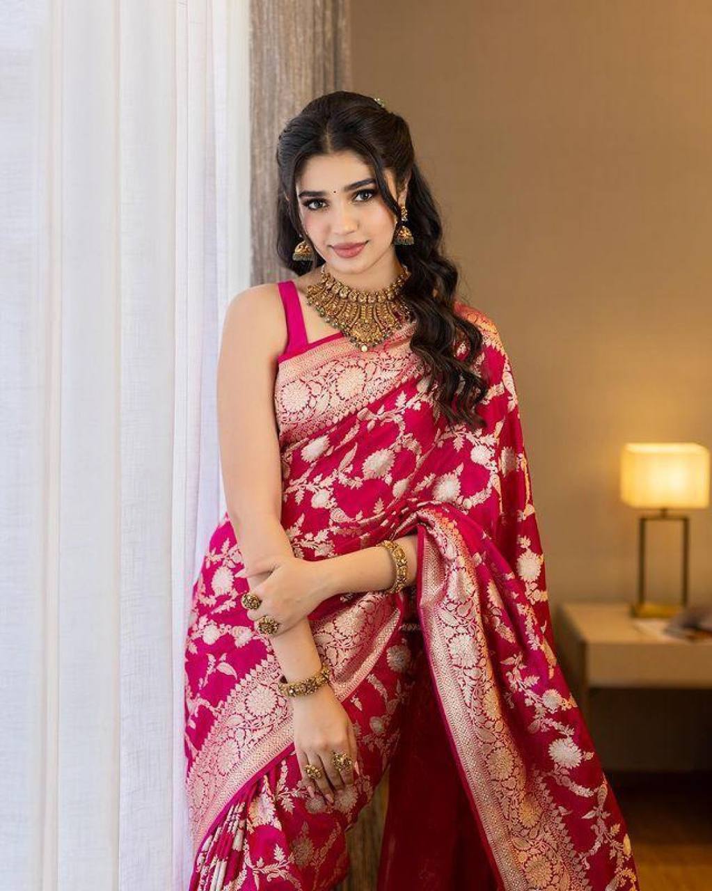 Traditional Red Banarasi Silk Saree with Gold Zari Work