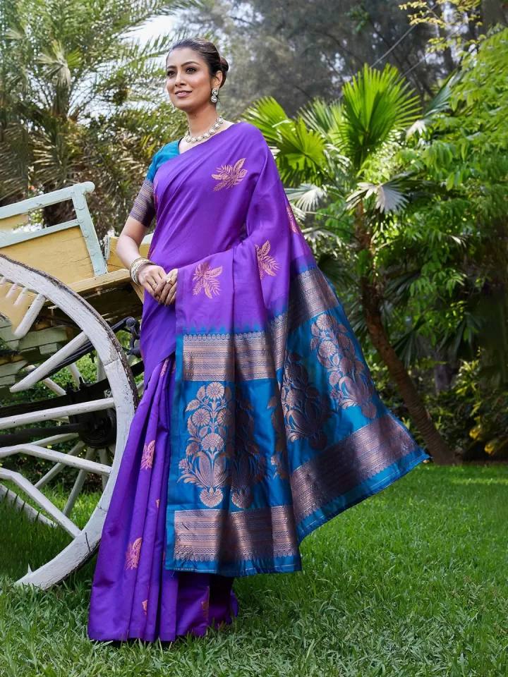 Purple and Blue Kanjivaram Silk Saree with Golden Zari Work