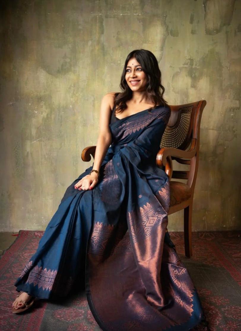 Elegant Navy Blue Banarasi Silk Saree with Copper Zari Border