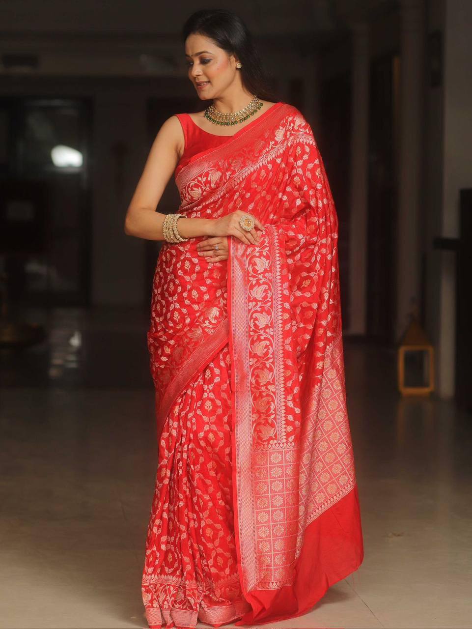 Red Banarasi Silk Saree with Golden Floral Weaving