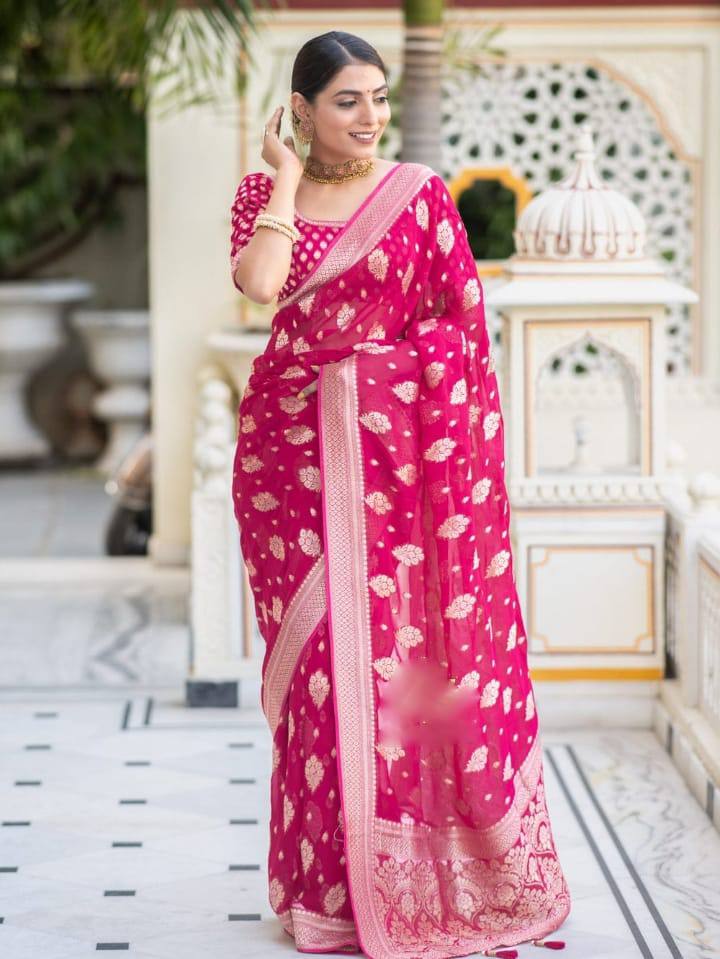 Banarasi Silk Saree with Zari Work Pink & Gold