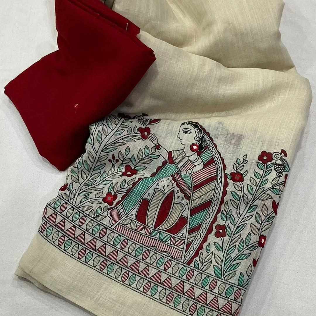 Women's Cream Cotton Digital Print Saree with Designer Border & Printed Blouse
