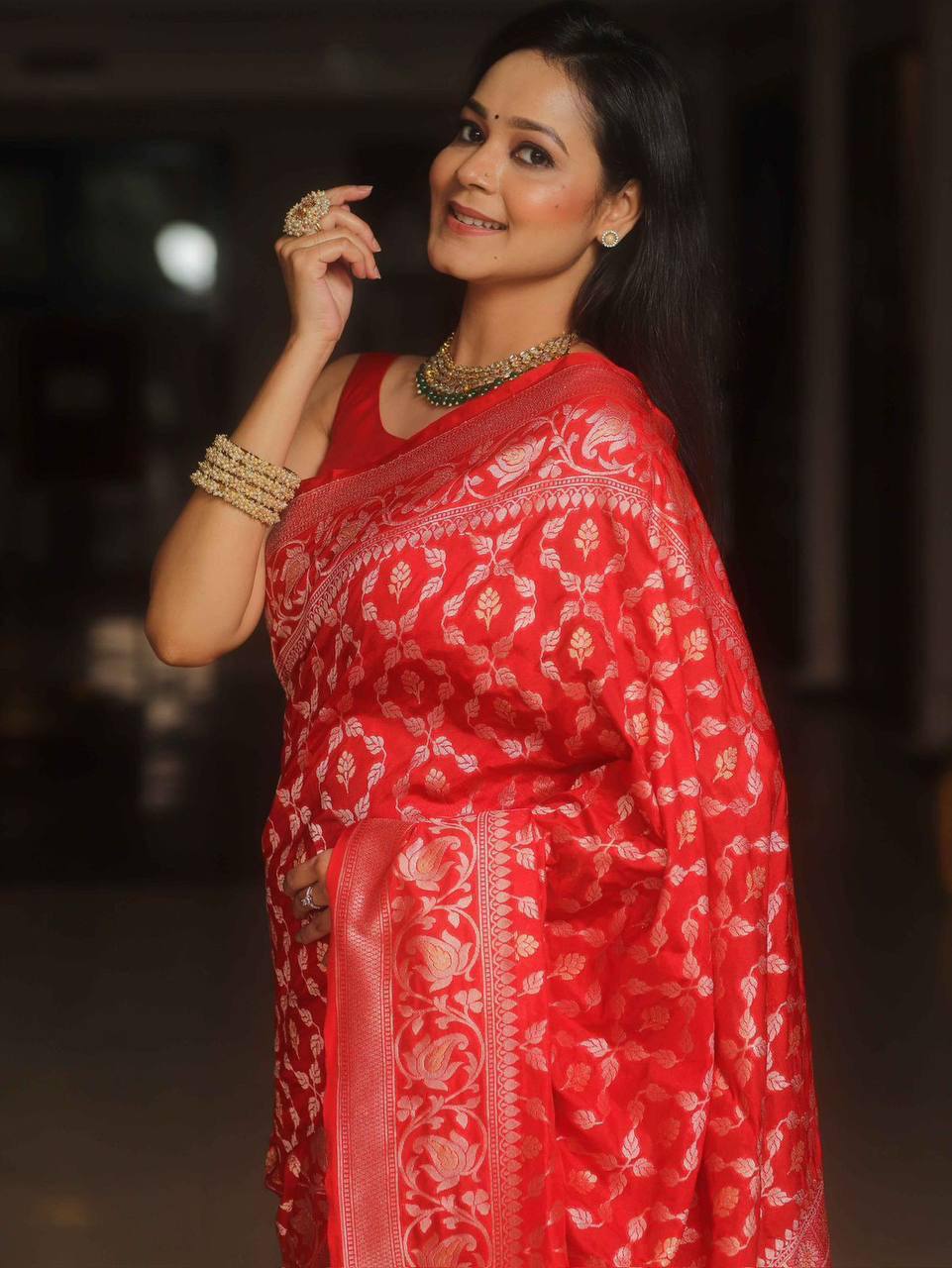 Red Banarasi Silk Saree with Golden Floral Weaving