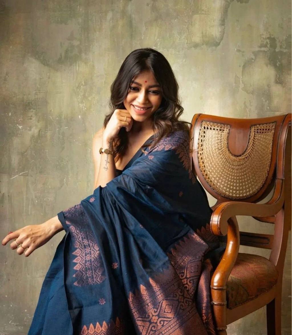 Navy Blue Embroidered Saree with Traditional Border