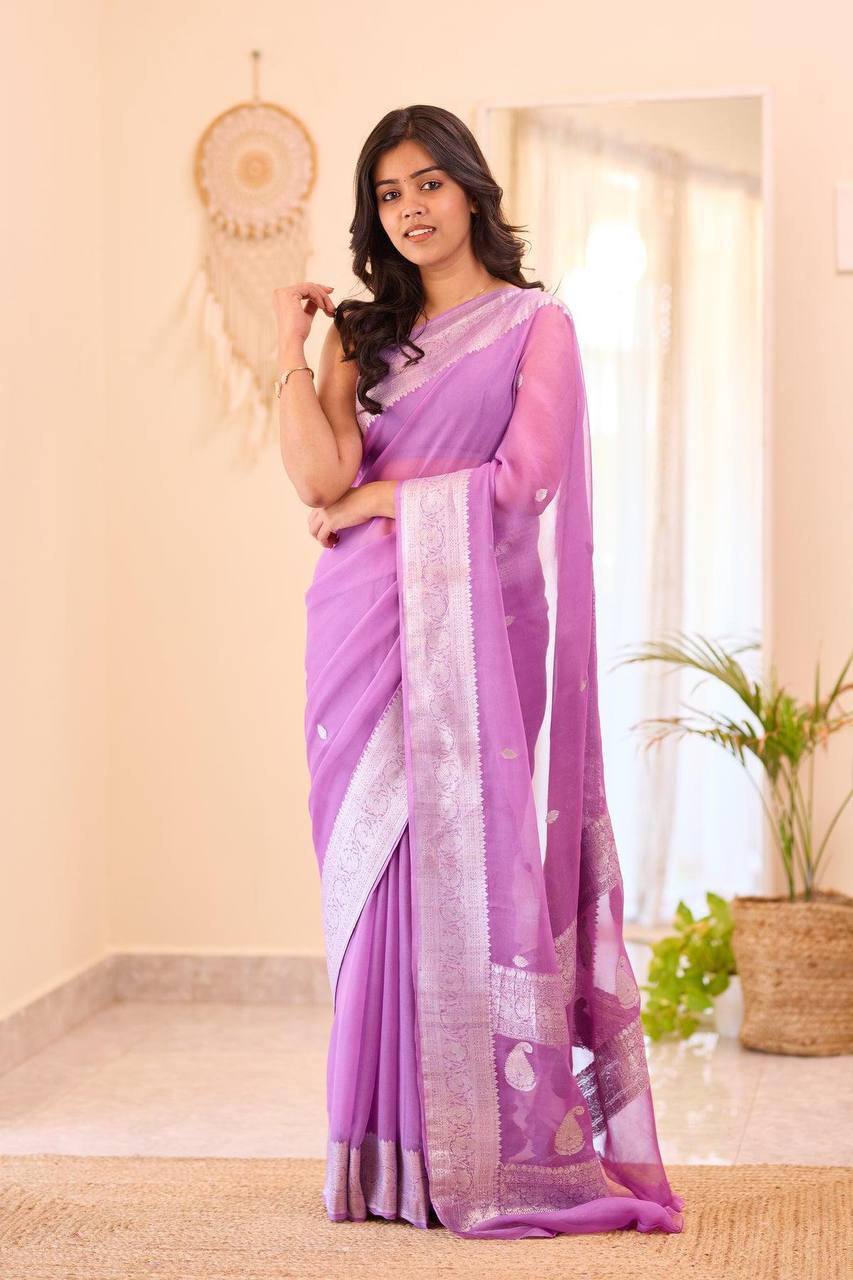 Purple Banarasi Silk Saree with Silver Zari Border