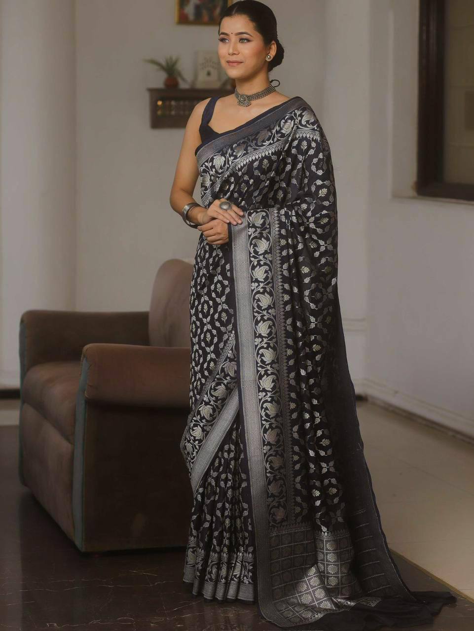 Black Banarasi Silk Saree with Silver Zari Work