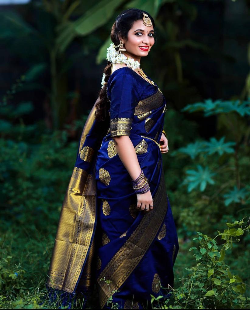 Royal Blue Kanjivaram Silk Saree with Golden Zari Motifs and Border