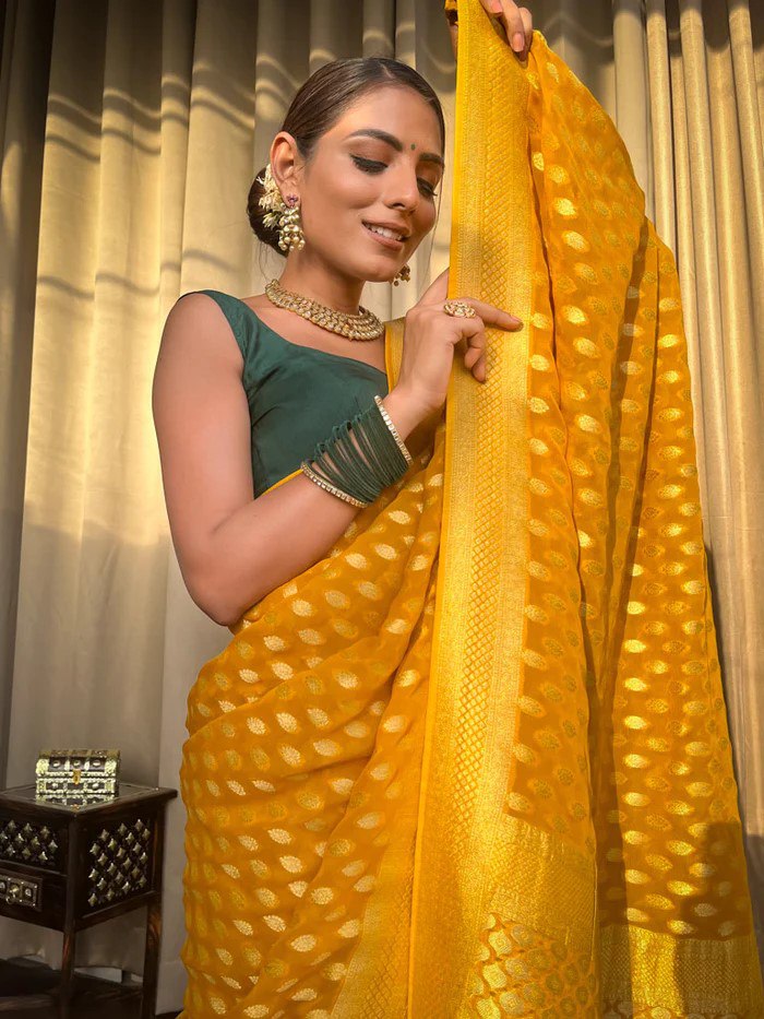 Yellow Banarasi Silk Saree with Green Blouse