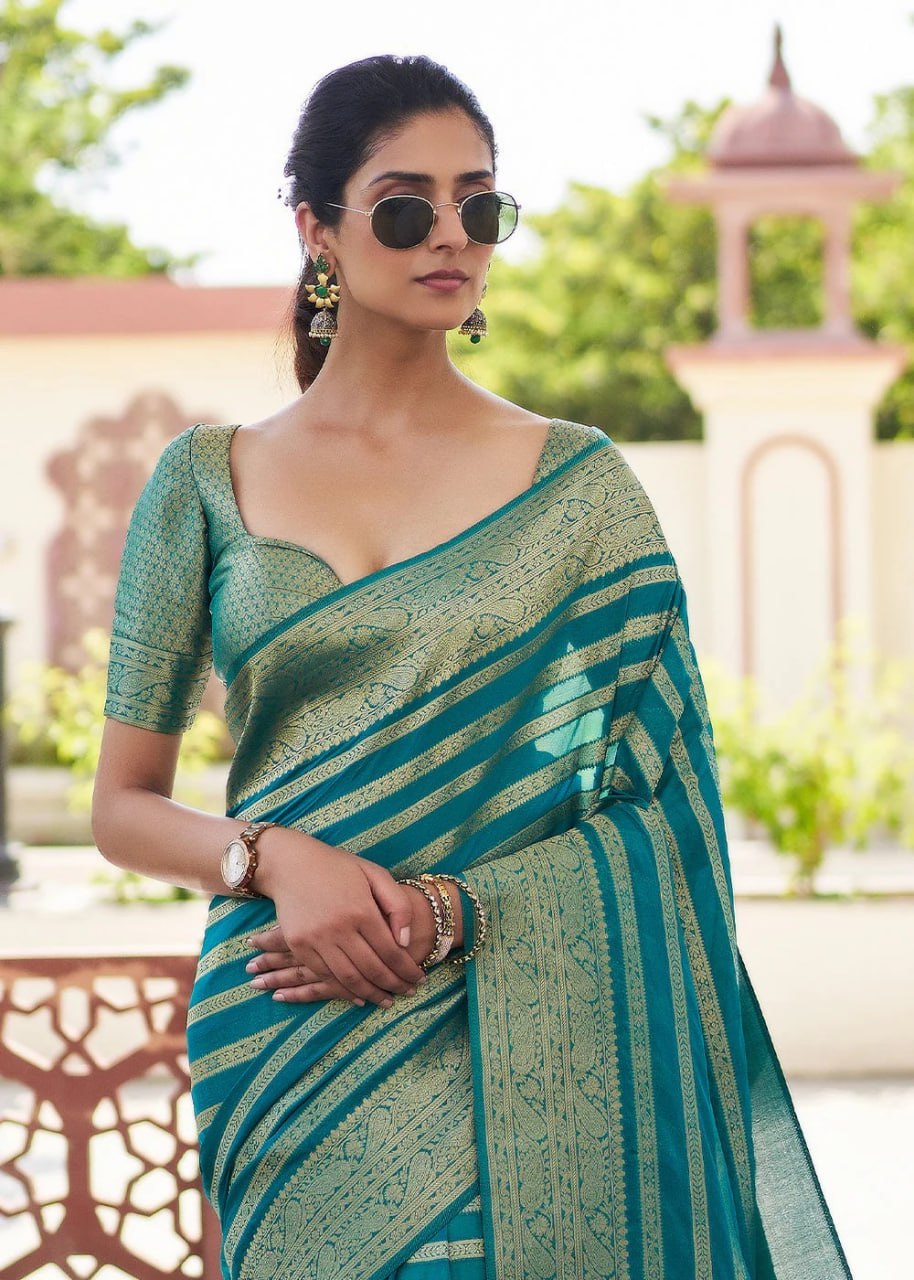 Elegant Sea Green Banarasi Silk Saree with Golden Zari Stripes