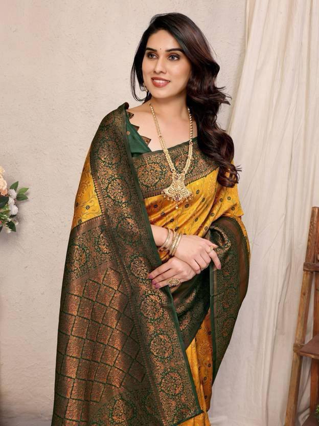 Mustard Yellow and Green Silk Saree with Woven Border