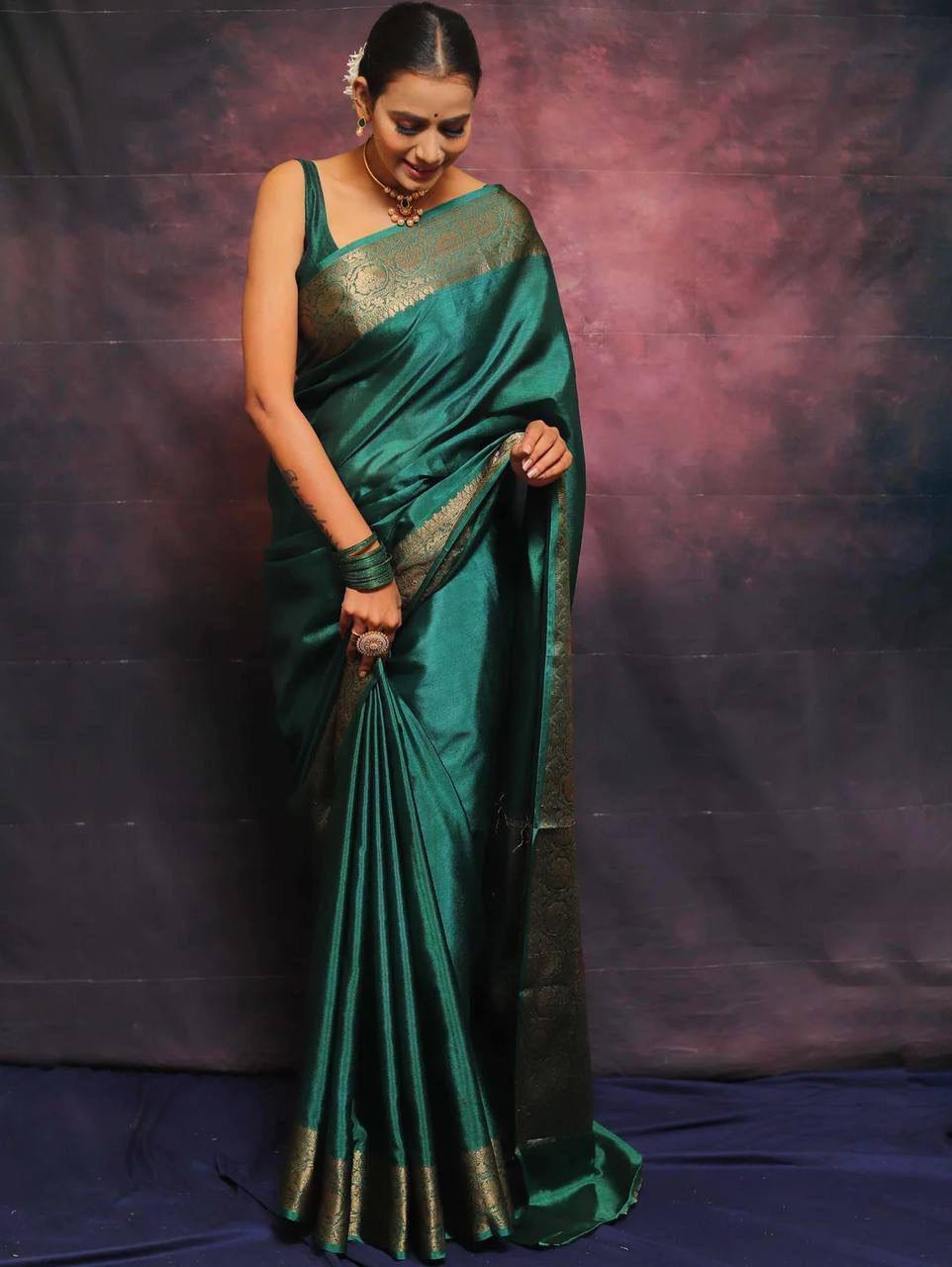 Elegant Green Silk Saree with Golden Zari Border
