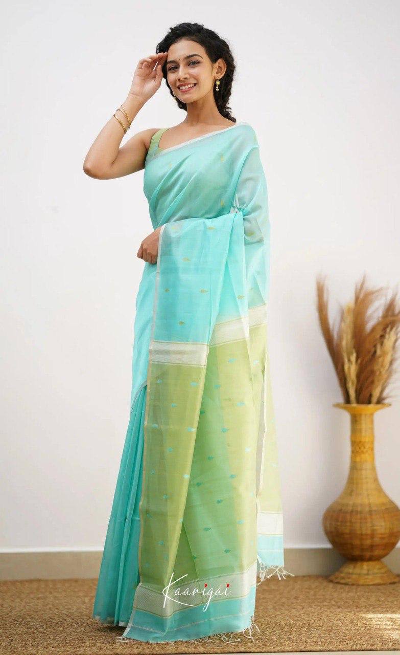 Mint Green Organza Saree with Golden Motifs and Yellow Border