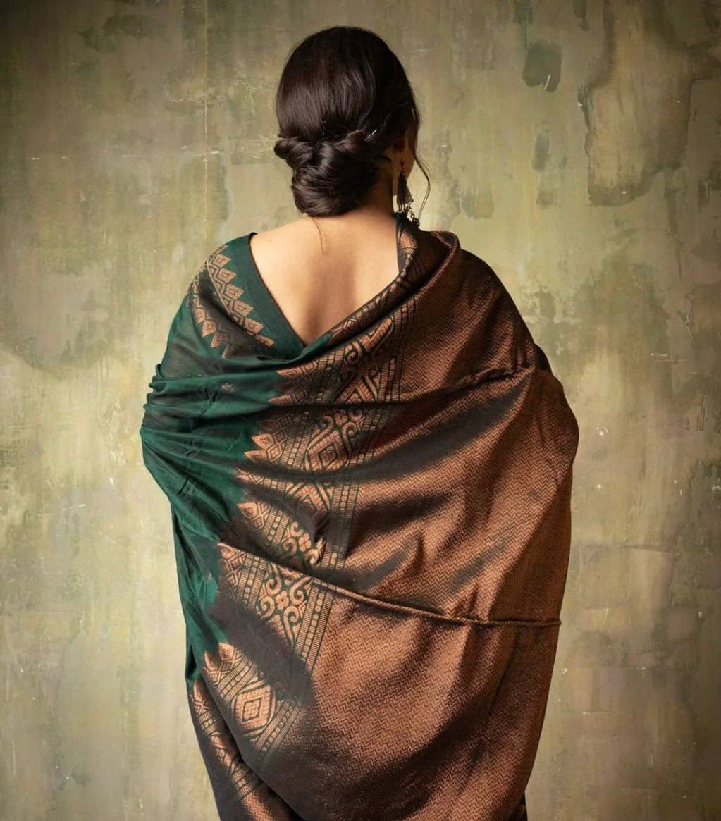 Women's Handloom Silk Saree with Woven Border in Deep Green and Bronze