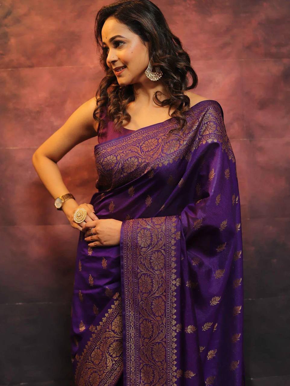 Banarasi Pure Silk Saree in Deep Purple with Zari Work
