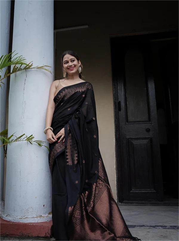 Elegant Black Silk Saree with Copper Zari Border