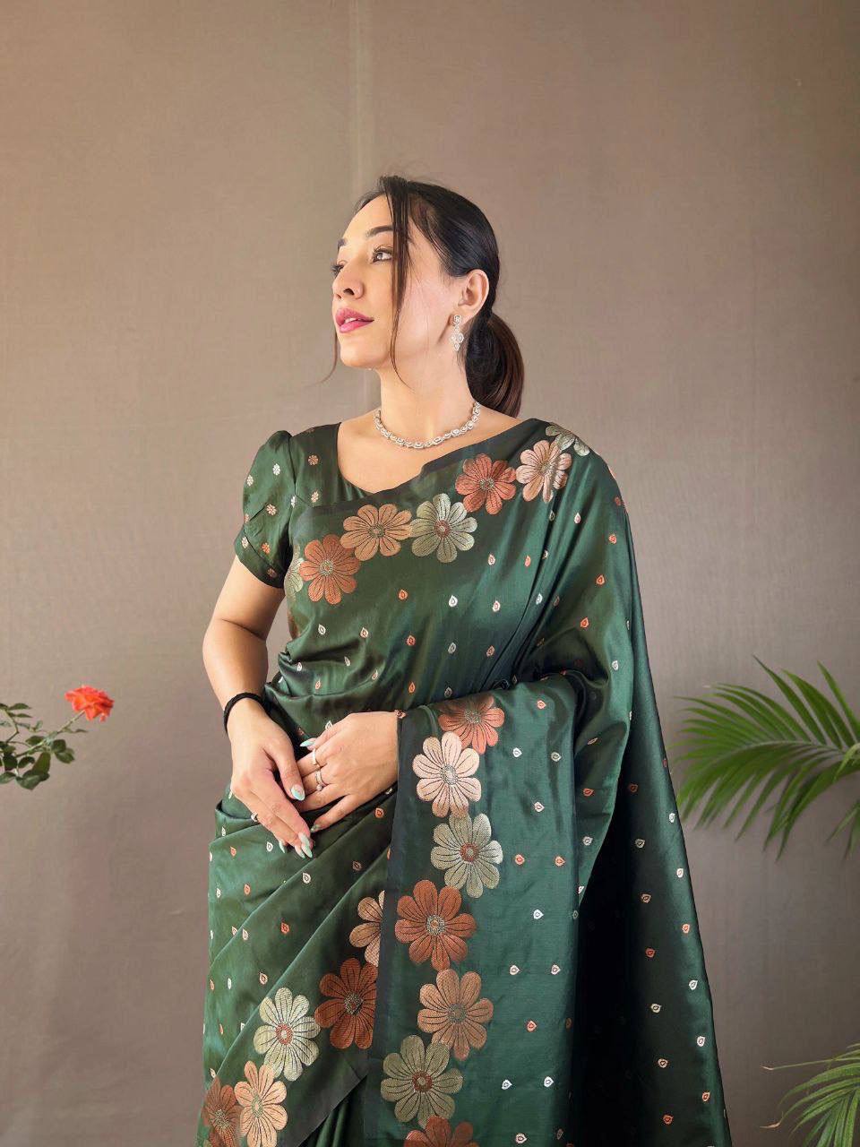 Green Floral Embroidered Silk Saree with Blouse