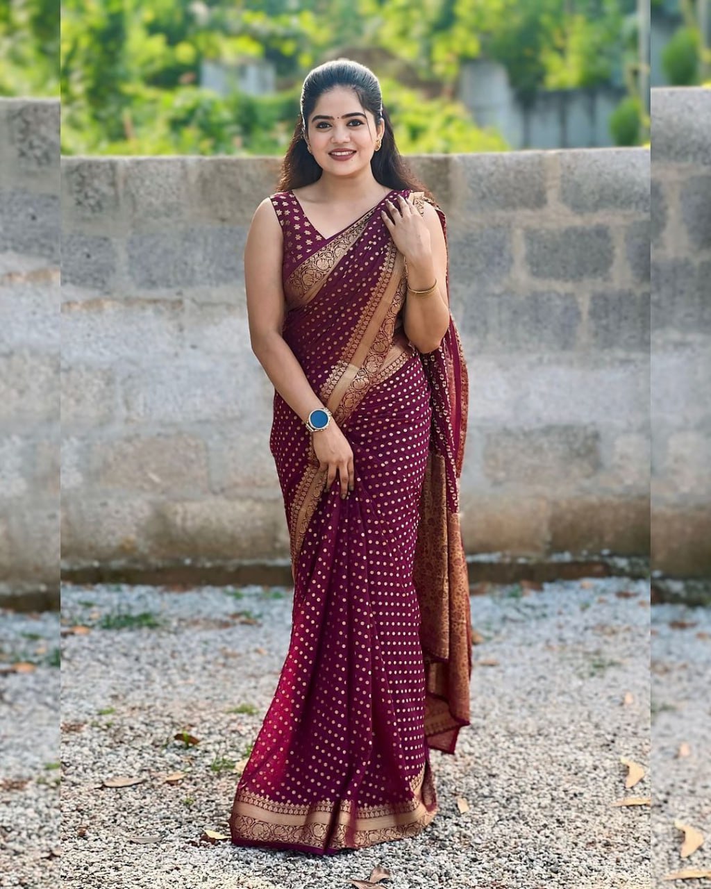 Maroon Banarasi Silk Saree with Golden Polka Dots and Zari Border