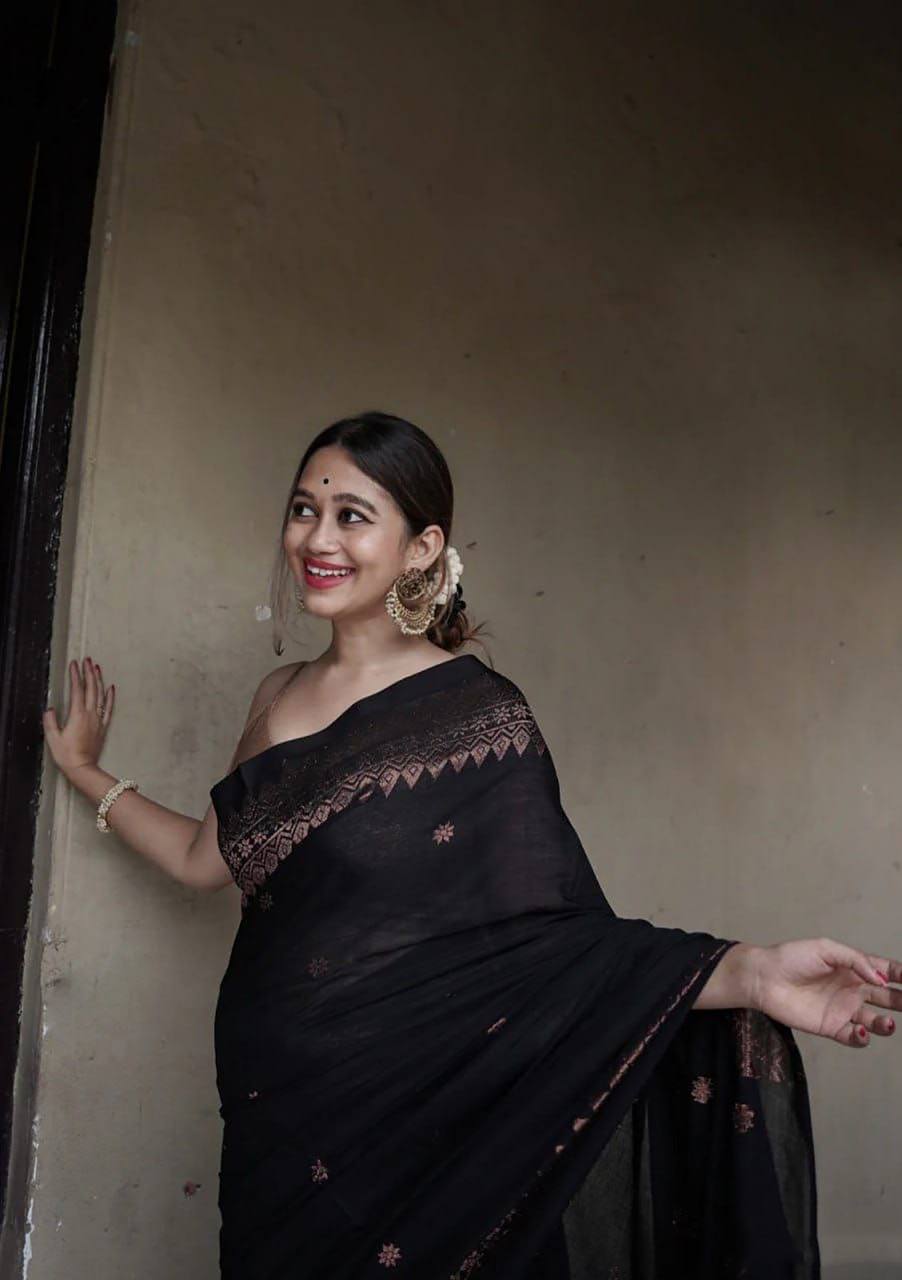 Black Tissue Saree with Copper Border and Ethnic Motifs