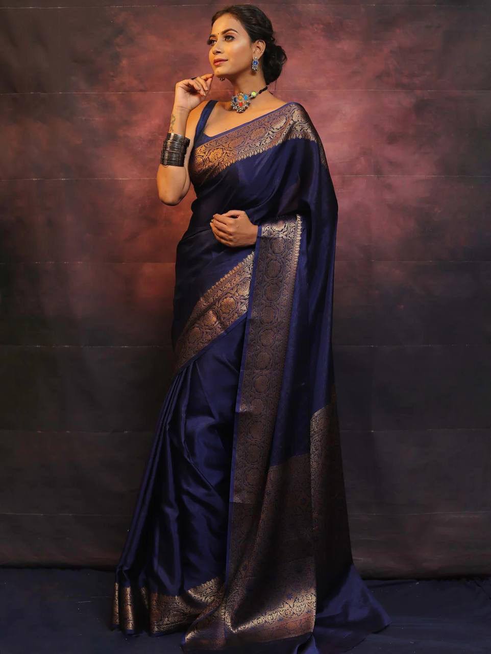 Royal Navy Blue Banarasi Silk Saree with Golden Zari Border