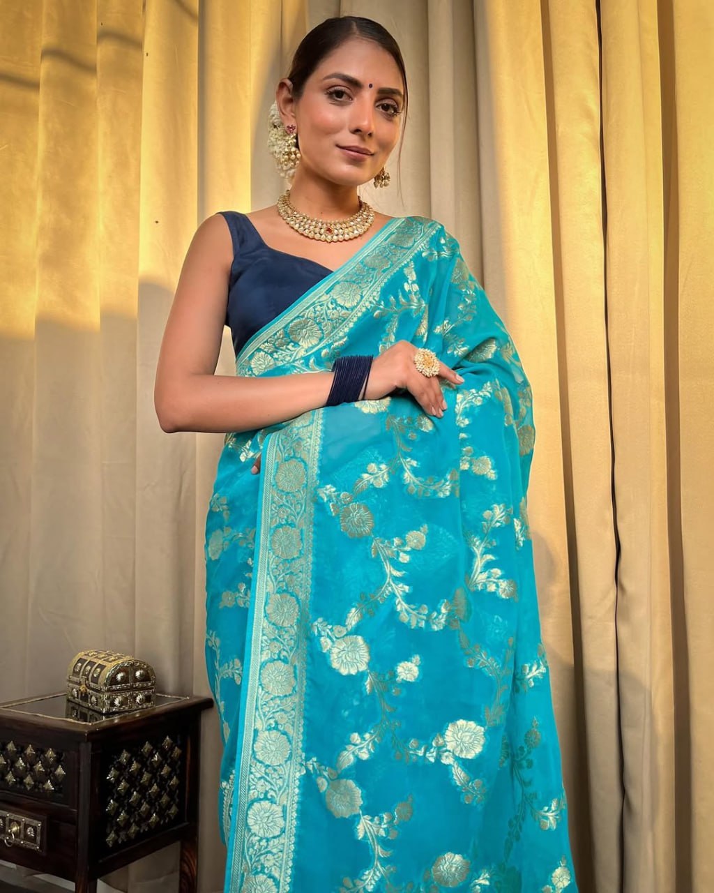 Turquoise Blue Banarasi Silk Saree with Gold Zari Work