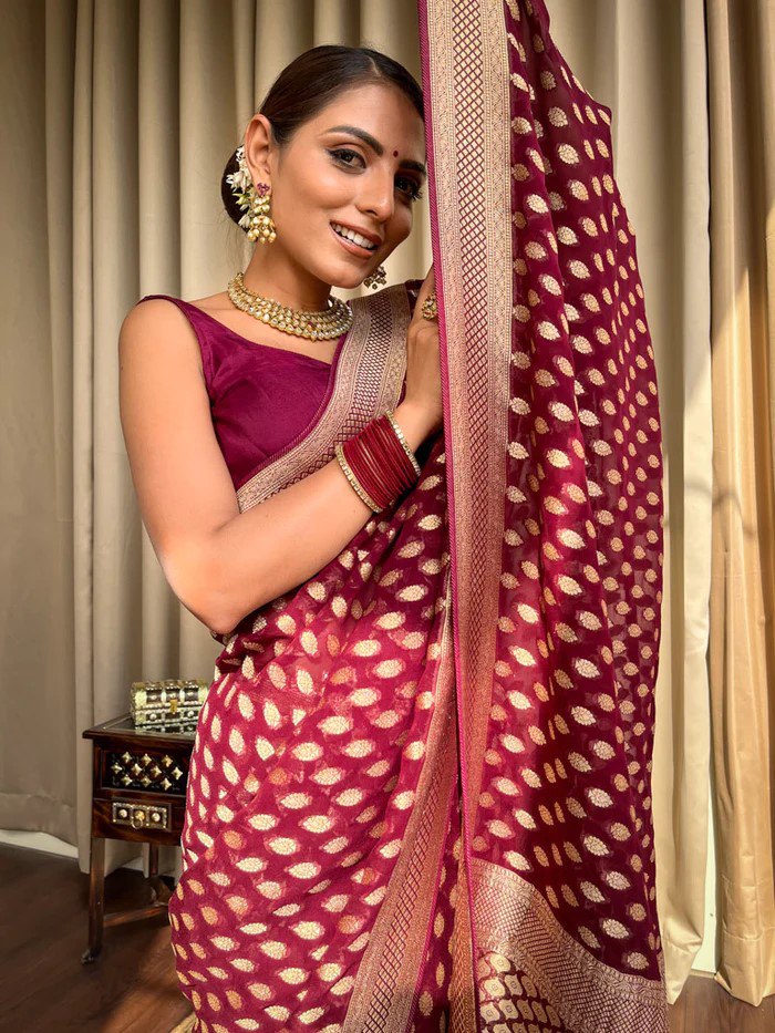 Maroon Banarasi Silk Saree with Golden Zari Weave and Contrast Blouse